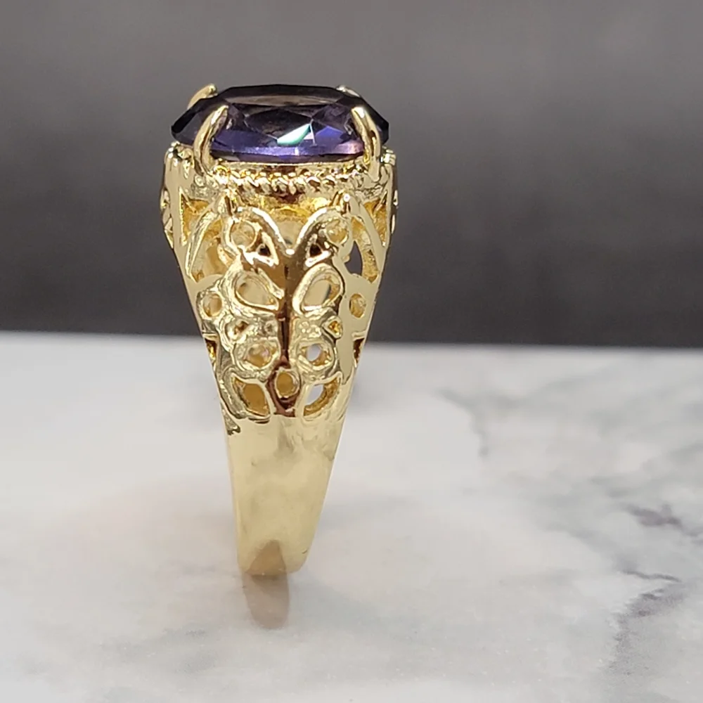 Gold Tone Simulated Purple Gemstone Butterfly Filigree Ring